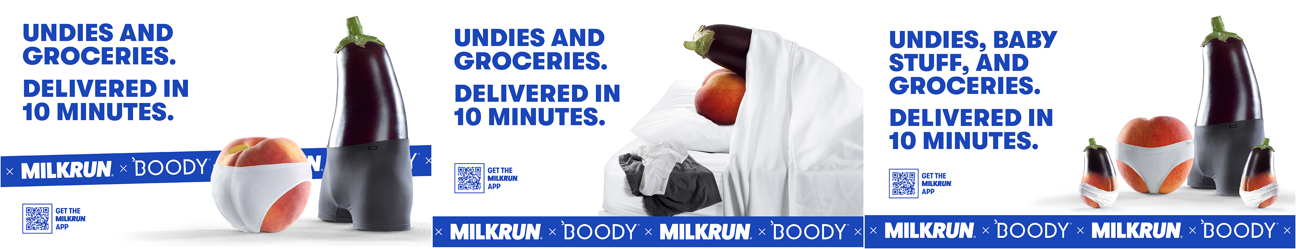 Whimsical ad campaign featuring produce wearing underwear for Milkrun and Boody, promoting fast delivery of groceries and undergarments.
