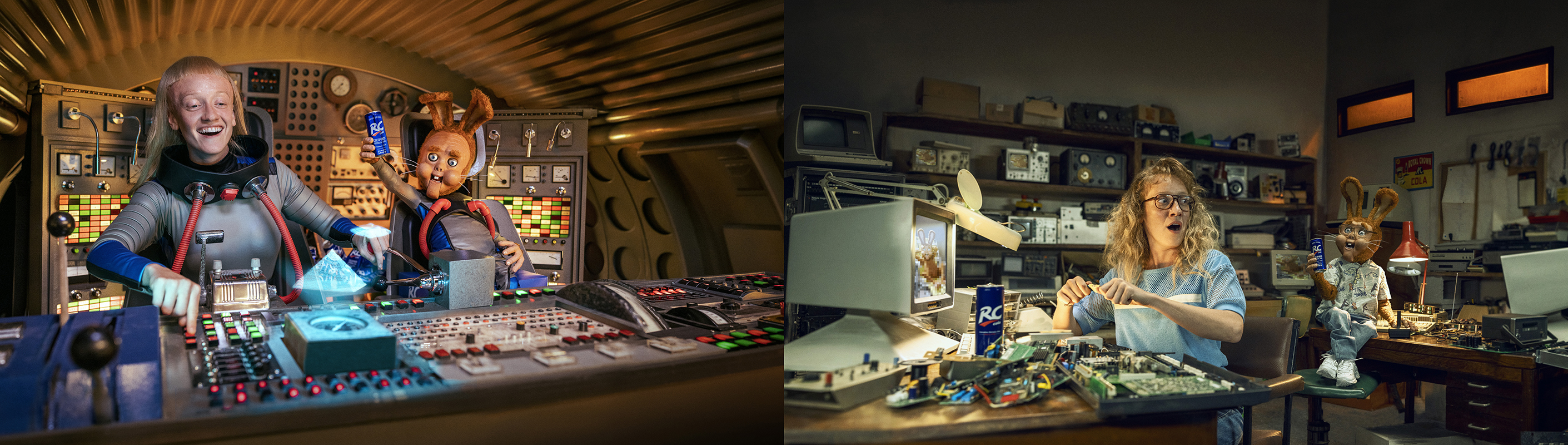 Split-screen view of a woman and a rabbit puppet in sci-fi and repair shop settings, both holding RC Cola, studio shot, commercial content.
