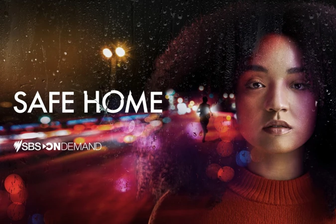 Promotional image for SAFE HOME features a portrait of a woman with natural curly hair and a person running on a city street at night.