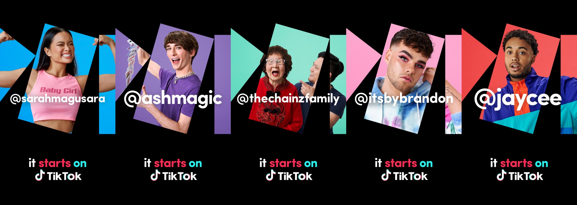 Promotional image featuring five TikTok creators: @sarahmagusara, @ashmagic, @thechainzfamily, @itsbybrandon, and @jaycee, showcased against colorful geometric backgrounds.