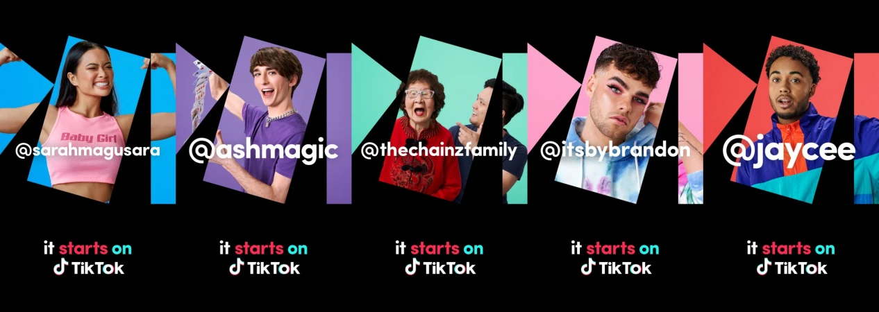 Promotional image featuring five TikTok creators: @sarahmagusara, @ashmagic, @thechainzfamily, @itsbybrandon, and @jaycee, showcased against colorful geometric backgrounds.
