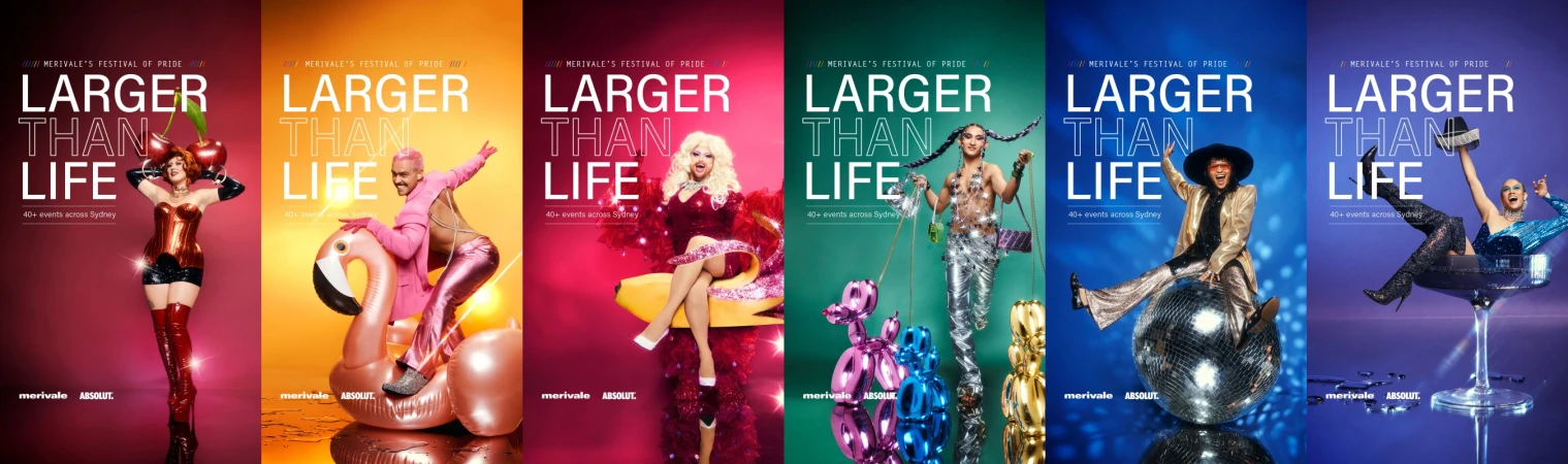 Collection of vibrant Pride Festival posters featuring drag performers in elaborate costumes and makeup, promoting events in Sydney.