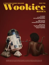 Parody magazine cover featuring an R2-D2 robot lighting a cigarette for a seated woman against a red background