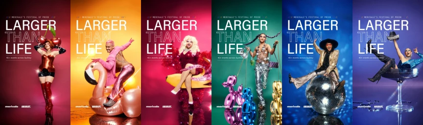 Six vertical campaign panels in vibrant colors featuring diverse performers with bold styling and typography