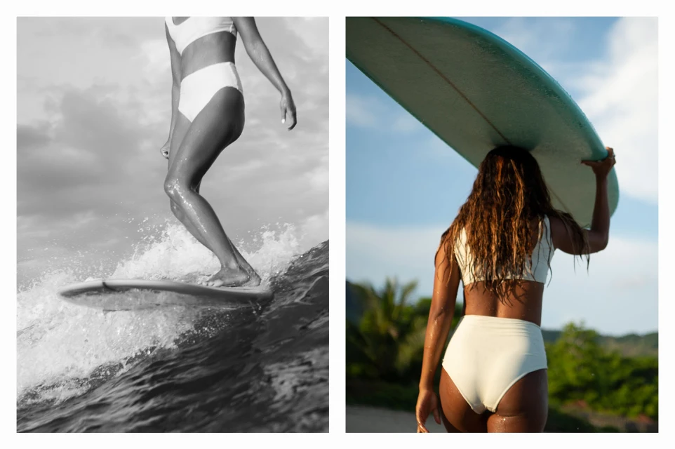 Two-part image: woman surfing in black and white, juxtaposed with a woman holding a surfboard in color, near tropical greenery.