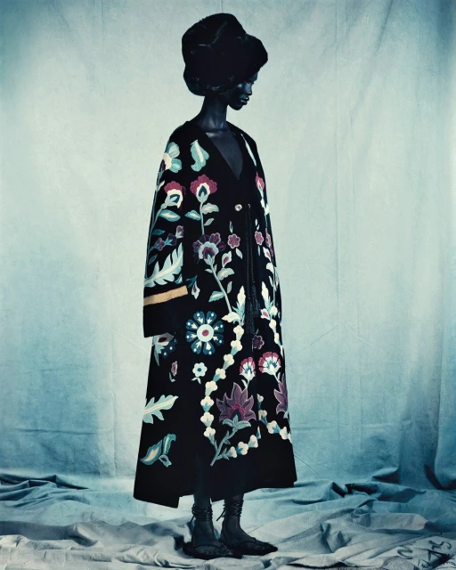 A fashion portrait of a Black woman wearing a dark floral coat and a fur hat against a textured backdrop in a studio setting.