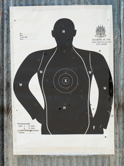 Silhouette of a shooting target with bullet holes against a textured wall, showcasing a focus on target practice and shooting range imagery.