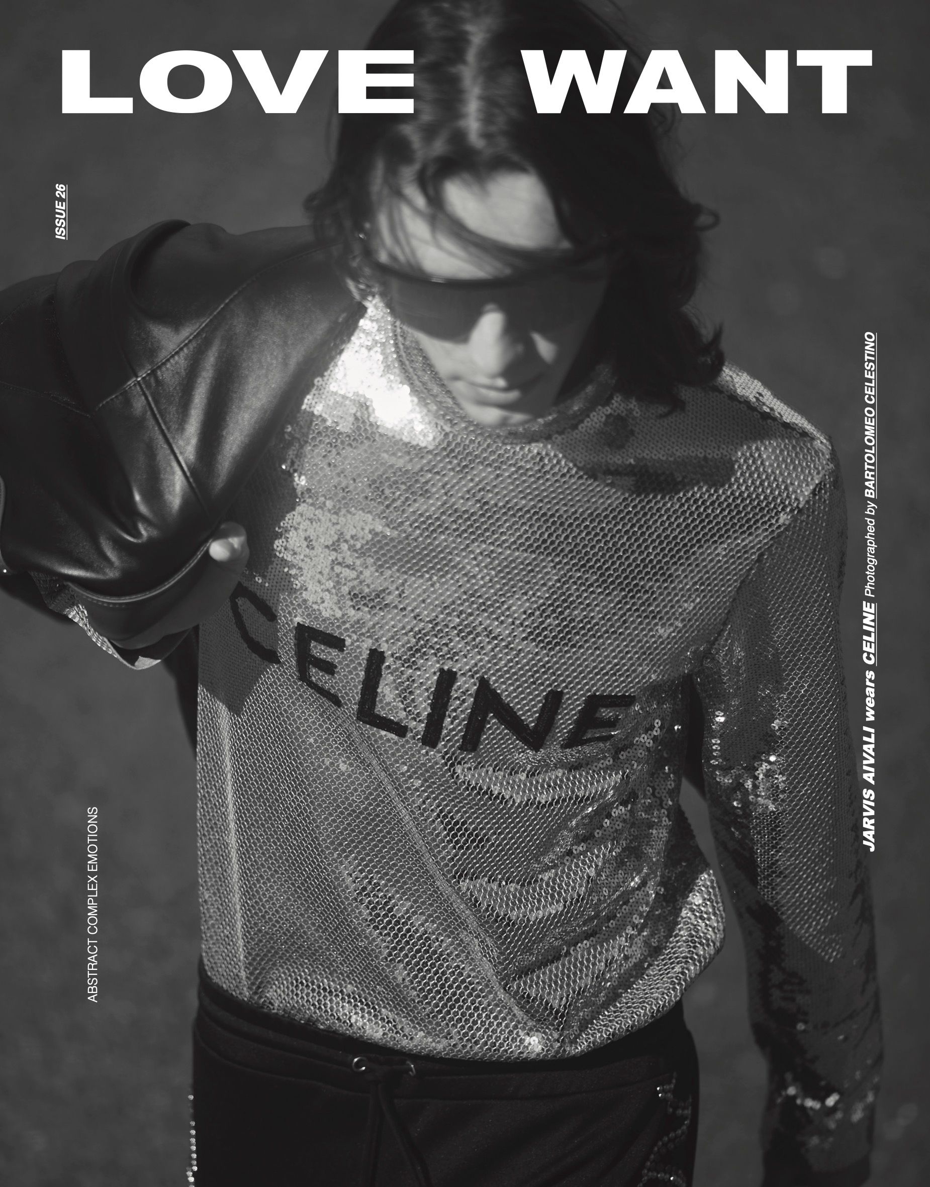 Black and white fashion shot of a person wearing a sequined top with 'CELINE' logo, captured in a studio-like environment.