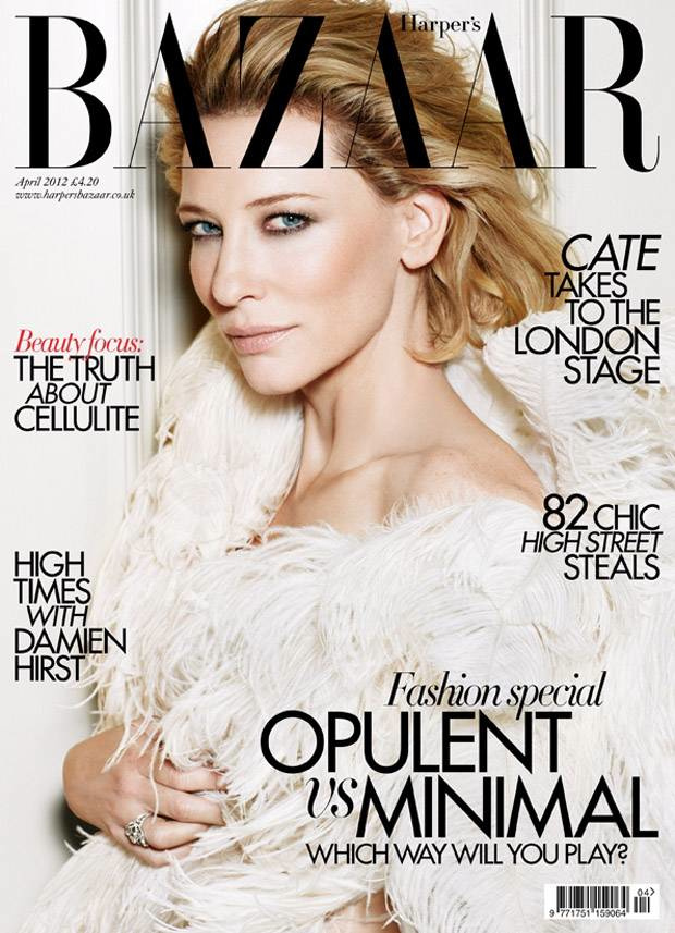 Harper's Bazaar cover featuring Cate Blanchett in a feathered garment, with bold magazine typography and cover text.