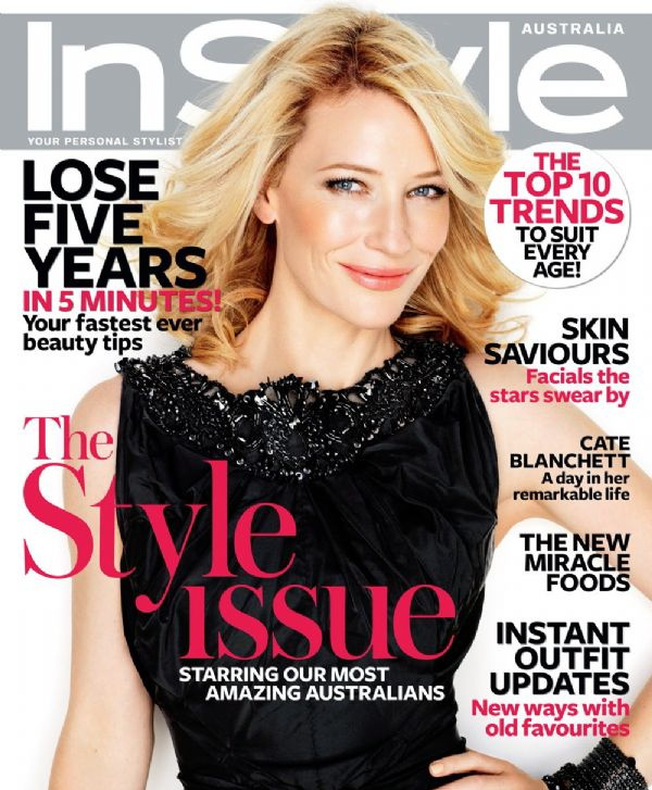 In Style Australia magazine cover featuring Cate Blanchett in a black dress, with various text elements promoting beauty and style tips.