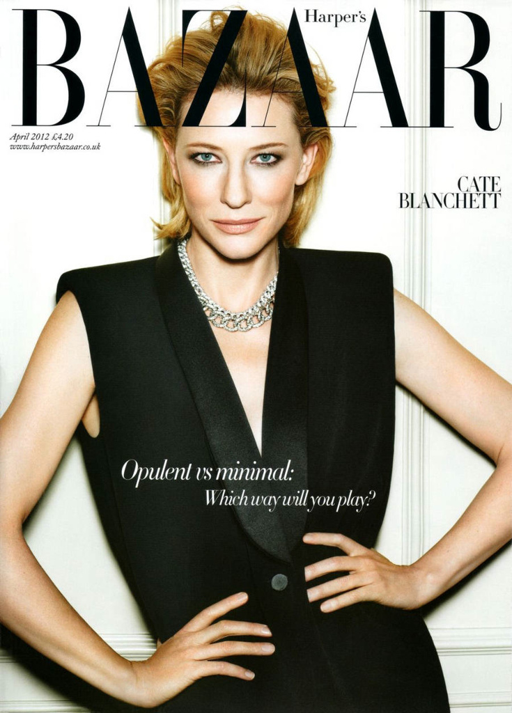 Magazine cover featuring Cate Blanchett in a black vest, jewelry, with blonde hair, against a simple backdrop with 'BAZAAR' logo.