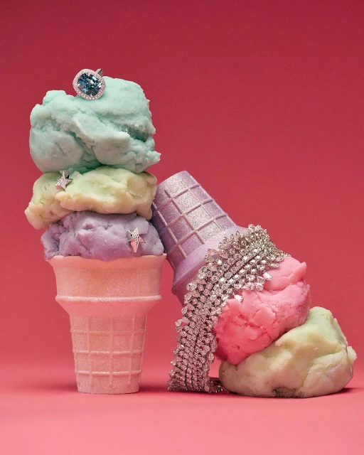 Pastel-colored ice cream scoops in cones, one cone standing up and the other tilted over, with diamonds and jewelry placed on the scoops.