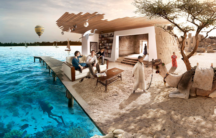 Surreal collage of family relaxing indoors with ocean view transitioning to Egyptian desert with camel and ancient ruins, creating a whimsical travel concept.