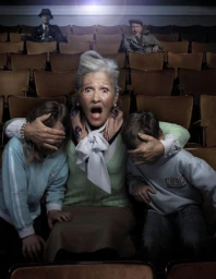 Shocked elderly woman with children covering their eyes in a movie theater by photographer Kurt Stallaert