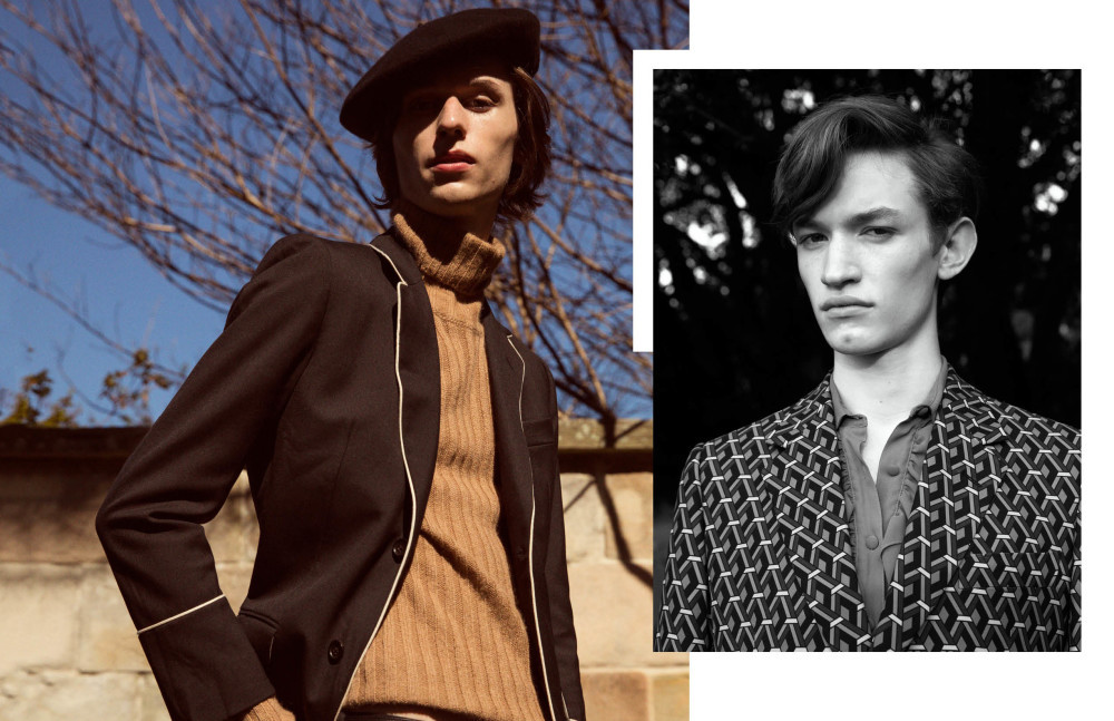 A young adult model wears a black beret, brown turtleneck, and black blazer outdoors; the portrait is split with a black-and-white headshot.