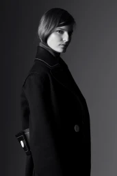 Model in a dark coat with contrasting white stitching styled by Michelle Jank against a grey background.