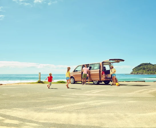 Family of four enjoying a sunny day at the beach, with a tan van, blue ocean, and island visible in the background.