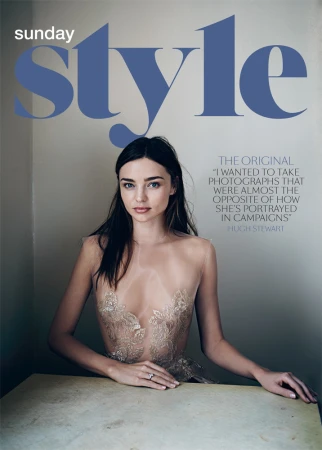 Magazine cover featuring a portrait of Miranda Kerr, wearing an embellished semi-sheer dress, posing at a table, with 'Sunday Style' title.