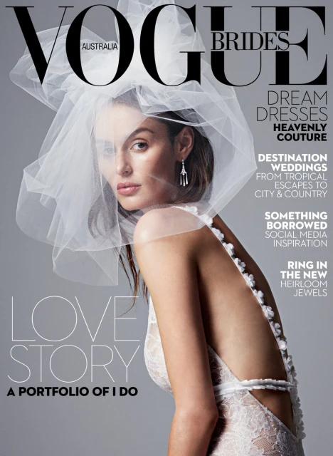 Vogue Brides Australia cover featuring a woman in a wedding dress and veil, with the magazine's masthead and cover text visible.
