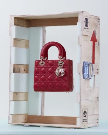 Elevated view of a red Lady Dior handbag with quilted design and silver hardware, displayed in a deconstructed wooden shipping crate.