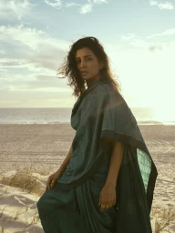 Woman in dark teal sari standing on a sandy beach at sunset by photographer Mauro Palmieri