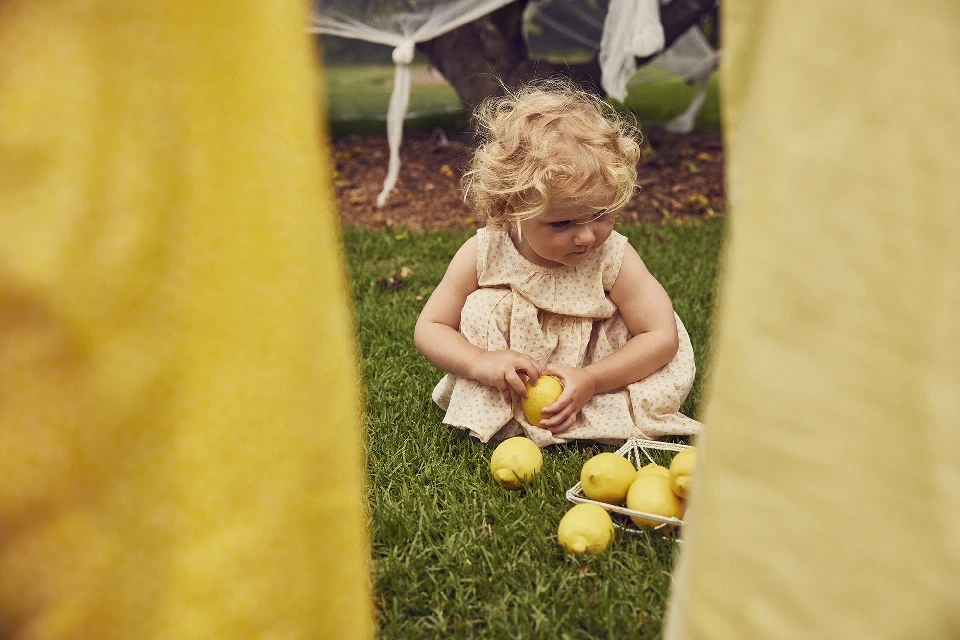 A young girl in a floral dress sits on grass surrounded by lemons in a wire basket, soft focus, outdoor setting, filtered light.
