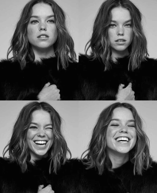 Black and white photo of a woman with shoulder-length wavy hair wearing a dark furry coat and making different facial expressions in a collage.