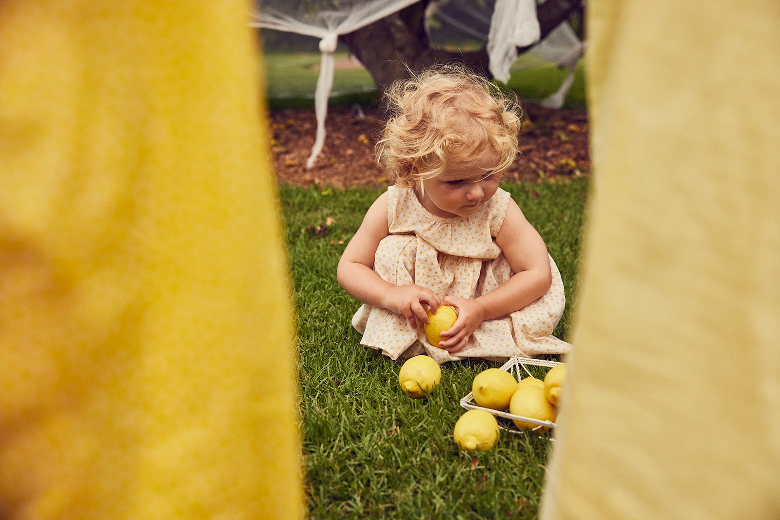 Young child with curly blonde hair wearing a patterned dress sitting in the grass playing with yellow lemons by Damian Bennett