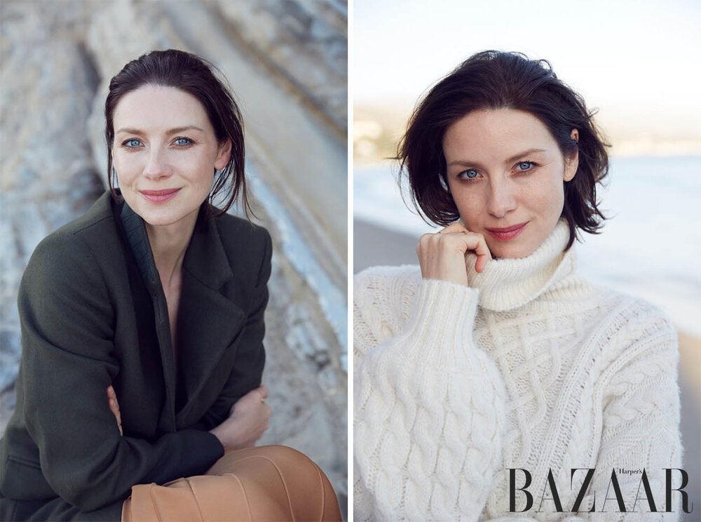 Caitriona Balfe is showcased in a diptych: one side featuring her in a blazer against a textured wall, the other in a turtleneck sweater.