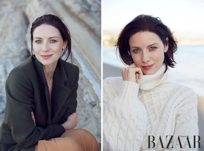 Caitriona Balfe is showcased in a diptych: one side featuring her in a blazer against a textured wall, the other in a turtleneck sweater.