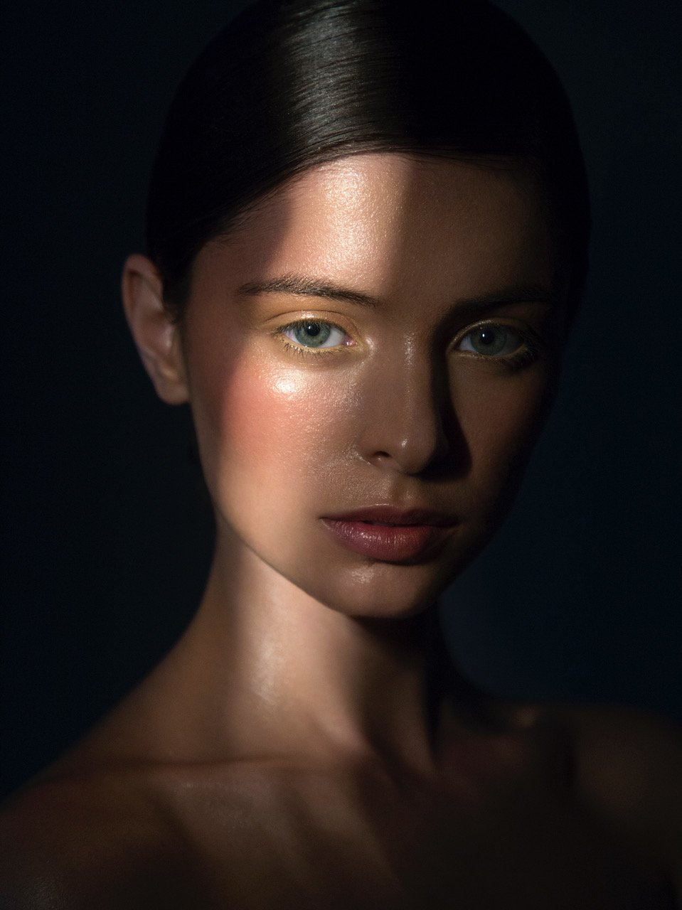 Portrait of an adult woman with light skin and dark hair, dramatic lighting highlighting the left side of her face and upper body.