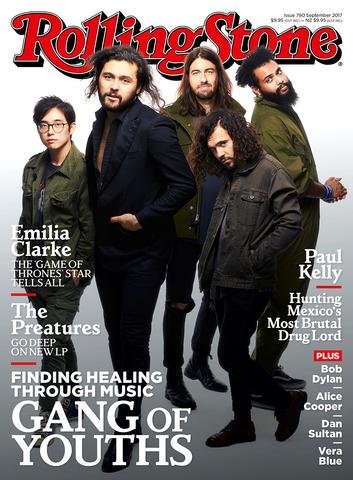 Rolling Stone magazine cover featuring the musical group Gang of Youths, with Emilia Clarke, Paul Kelly, Bob Dylan also mentioned.