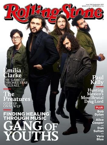 Rolling Stone magazine cover featuring the musical group Gang of Youths, with Emilia Clarke, Paul Kelly, Bob Dylan also mentioned.
