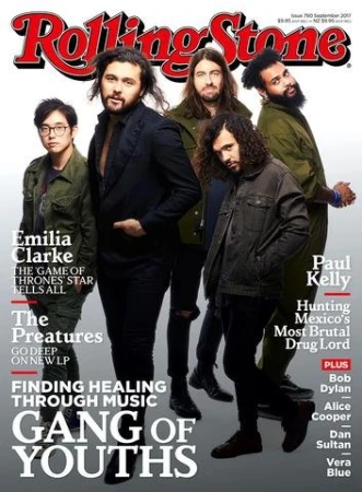 Rolling Stone magazine cover featuring the musical group Gang of Youths, with Emilia Clarke, Paul Kelly, Bob Dylan also mentioned.