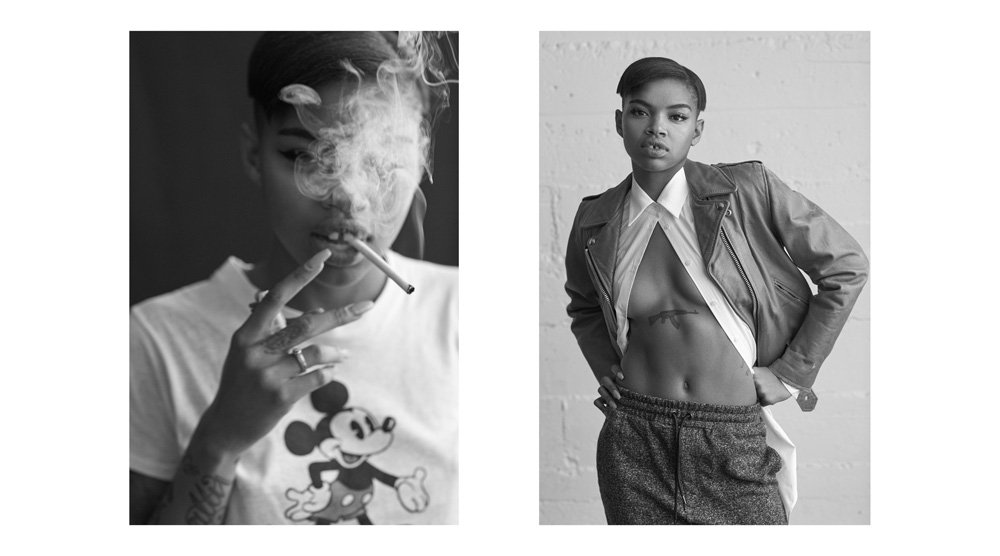 Black and white diptych featuring a young adult female model smoking and posing, shot in a studio setting with simple backgrounds.