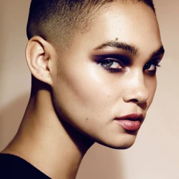Close-up portrait of a woman with a buzzcut and dark eyeshadow, styled by hair stylist Brendan Robertson in Sydney.