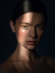 Close-up beauty portrait of a woman with slicked-back dark hair and dramatic directional light casting shadows across her face.