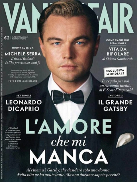 Vanity Fair magazine cover featuring Leonardo DiCaprio in a tuxedo, promoting 'The Great Gatsby' and articles on Michele Serra and others.