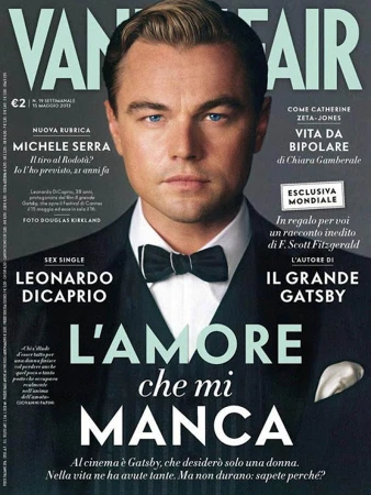 Vanity Fair magazine cover featuring Leonardo DiCaprio in a tuxedo, promoting 'The Great Gatsby' and articles on Michele Serra and others.