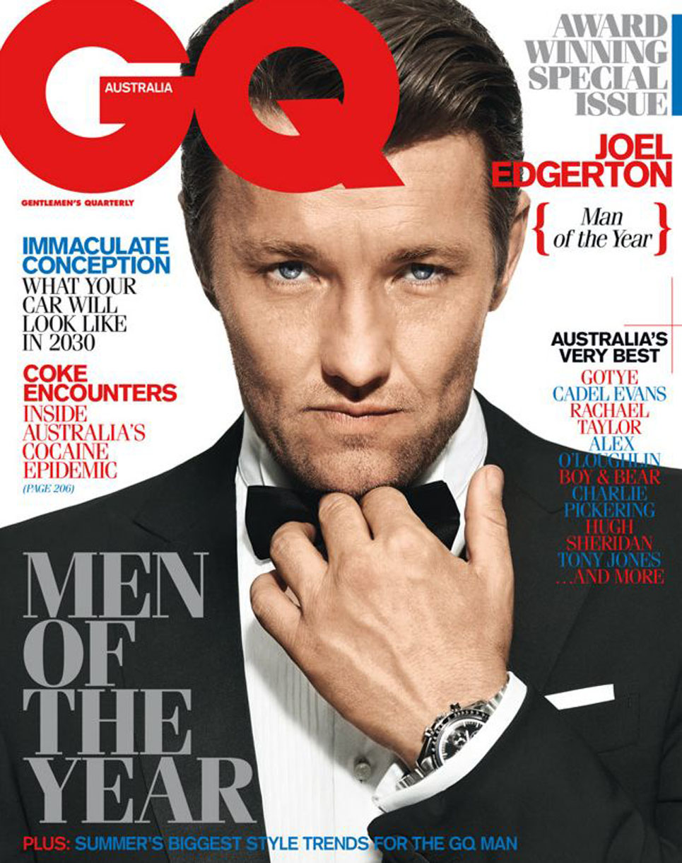 Magazine cover featuring Joel Edgerton in a tuxedo, GQ Australia, with red GQ logo. Text includes "Man of the Year" and fashion style trends.