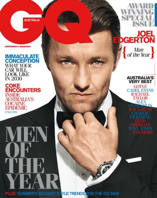 Magazine cover featuring Joel Edgerton in a tuxedo, GQ Australia, with red GQ logo. Text includes "Man of the Year" and fashion style trends.