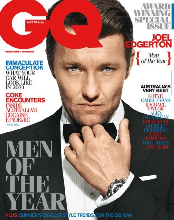 Magazine cover featuring Joel Edgerton in a tuxedo, GQ Australia, with red GQ logo. Text includes "Man of the Year" and fashion style trends.