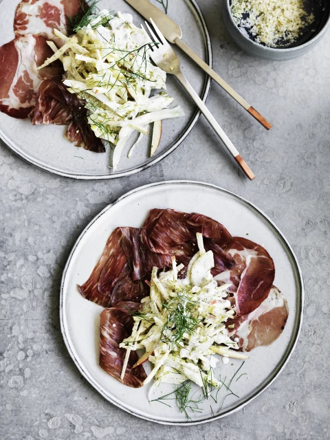 Overhead shot of two plates of cured meat and shredded apple salad, presented on a textured grey surface, minimalist food presentation.