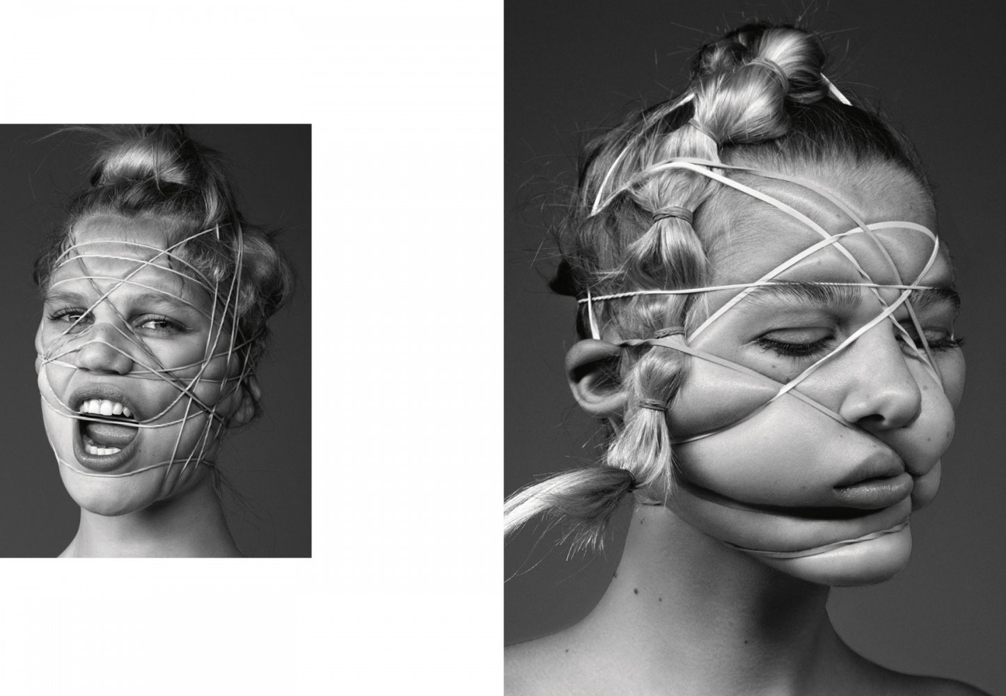 Black and white portrait of a woman with rubber bands wrapped around her face and a second smaller portrait of the same woman.