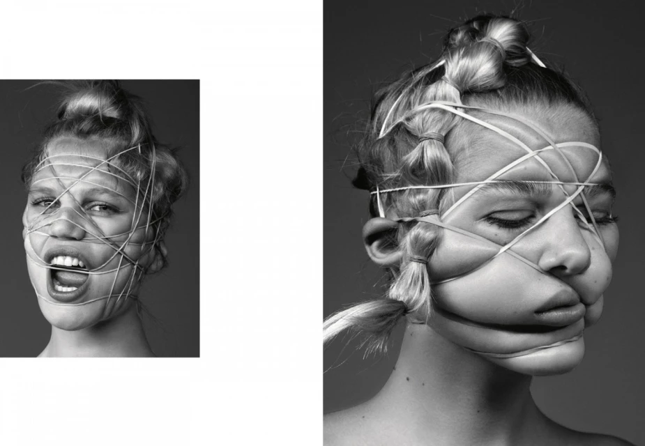 Black and white portrait of a woman with rubber bands wrapped around her face and a second smaller portrait of the same woman.