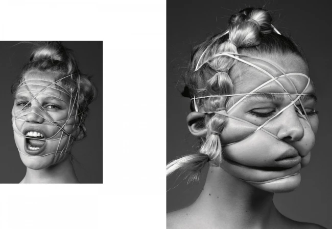 Black and white portrait of a woman with rubber bands wrapped around her face and a second smaller portrait of the same woman.