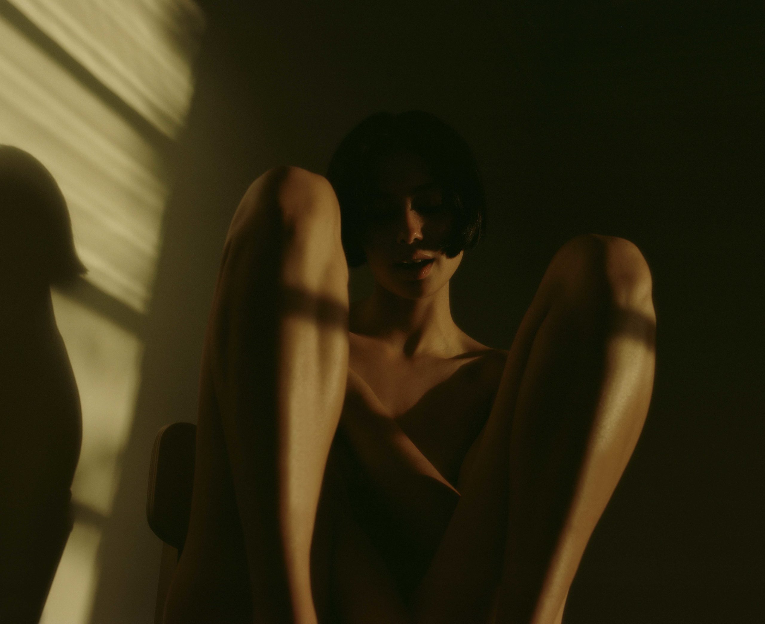 Adult female portrait with short dark hair, sitting in a chiaroscuro-lit room with natural light and dark shadows, evoking a moody atmosphere.