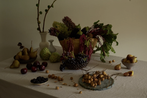 Still life featuring fruits, vegetables, and flowers arranged in bowls and vases on a table with a neutral background, moody lighting.