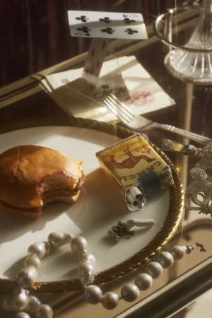 Still life photograph features a burger, playing cards, pearls, and cigarettes arranged on a mirrored gold tray, casting soft light.