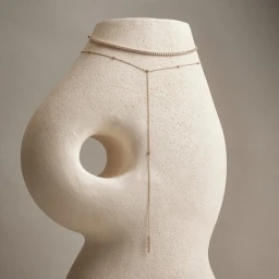 Two delicate gold necklaces draped over a sculptural cream ceramic vase against a neutral background.